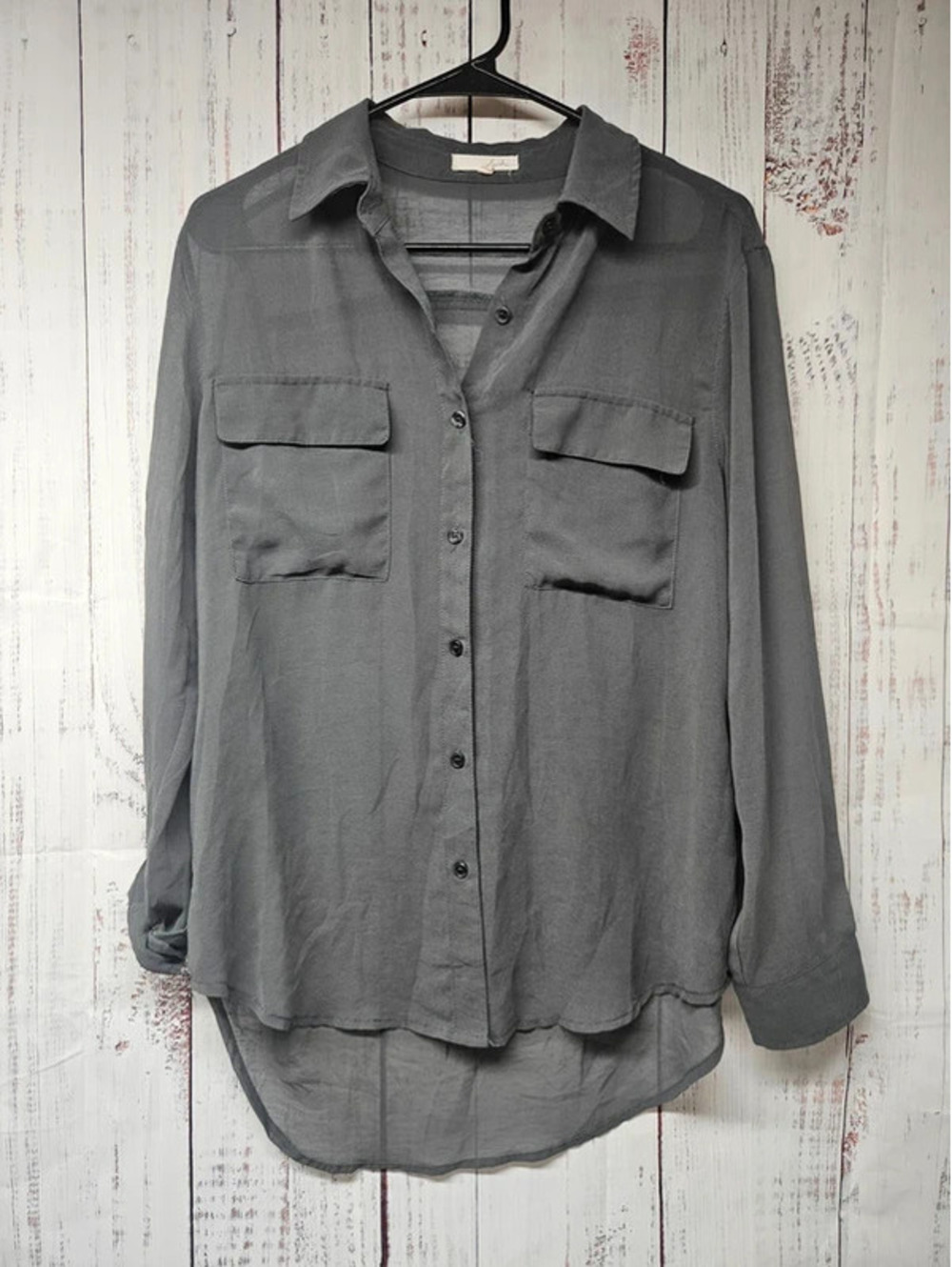 Lush Women’s Small Gray Sheer Button Front Blouse High Low Utility Shirt